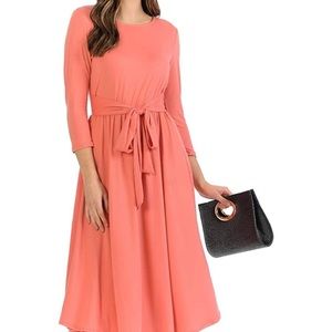 Iconic Luxe Women's A-Line Midi Dress with Waist Tie